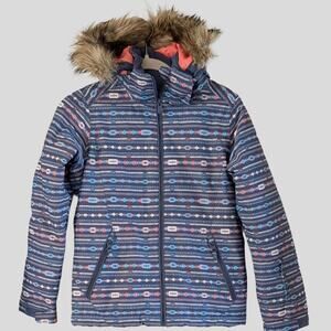 Roxy DryFlight Girls Ski Jacket L Faux Fur Hood Snow Coat Blue American Pie